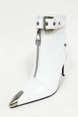 Faux Leather Buckled Eyelet Front Zip Ankle Boots - White