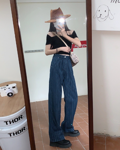 Pinstripe Denim Straight Leg Jeans