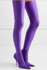Purple Satin Pointed Toe Thigh High Boots
