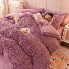 2/3/4Pcs Solid Long Hair King Duvet Cover Set Winte Grey Fannel Fleece Bedding 200*230cm Bedclothes