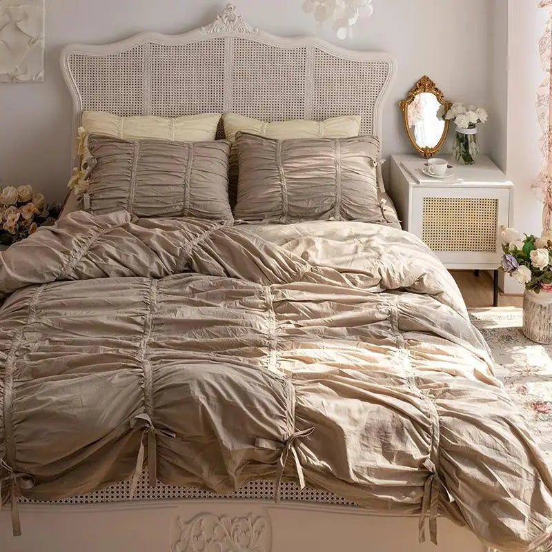 Pinch Pleated Duvet Cover with Zipper 4Pcs100%Cotton Soft Farmhouse Princess Girls 1.5/1.6/1.8m Bedding set Bed Sheet Pillowcase