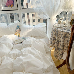 Korean Girl Princess Style Solid Color Bedding Fitted Set Cute Cotton Ruffle Duvet Cover With Pillow Case Full Queen Bed Sheets