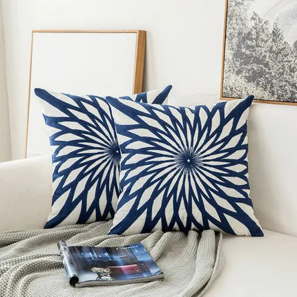Home Decor Embroidered Cushion Cover Navy Blue/White Geometric Floral Canvas Cotton Embroidery Pillow Cover 45x45cm