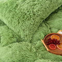 High Quality Long hair bedding set Green Mink Flannle Velvet Fleece Duvet CoverThicken Warm Home Linen 3/4 Heart Cushion Sheet