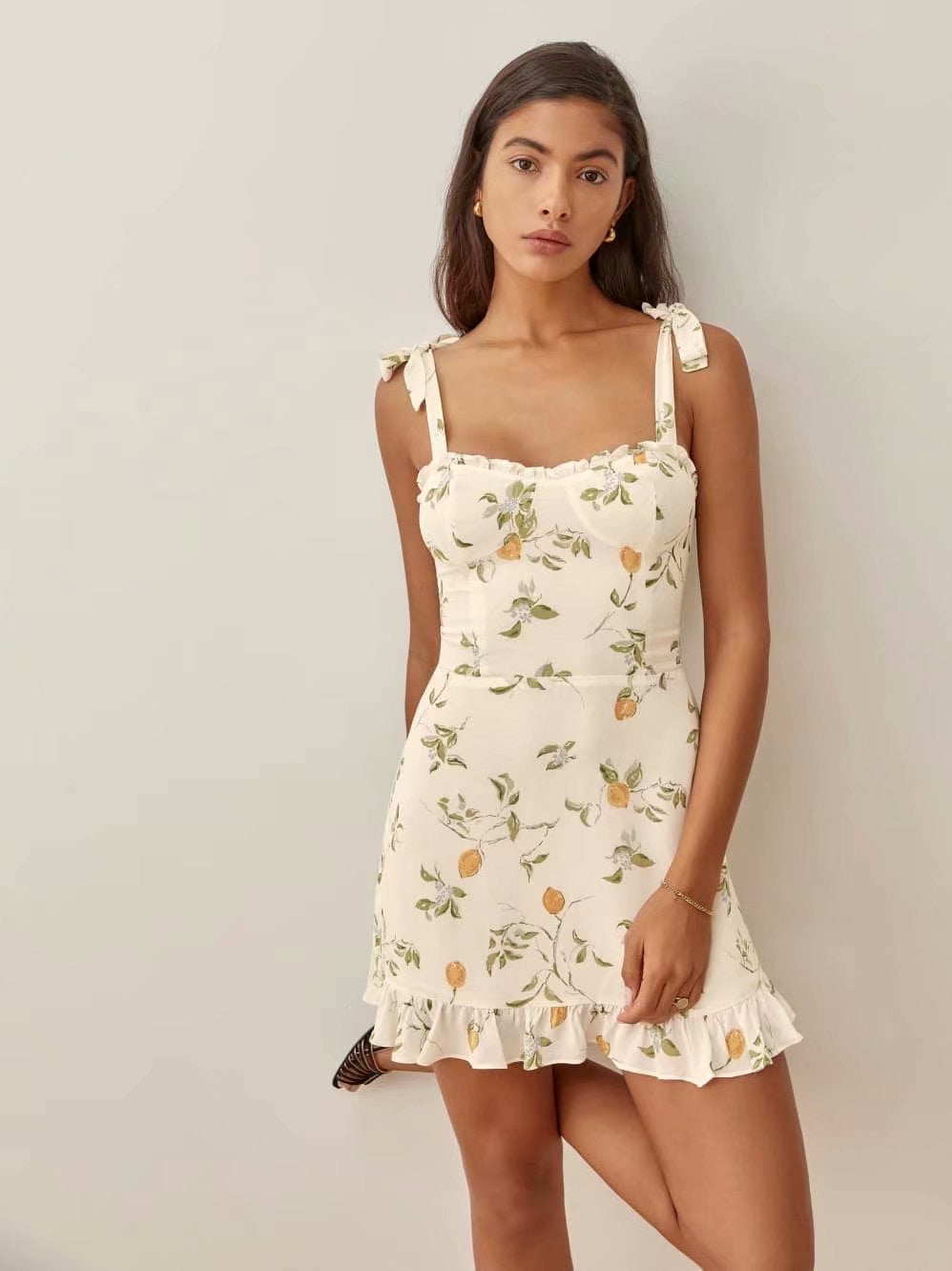 Ruffle Hem Tie Strap Garden Floral Stem Mini Dress