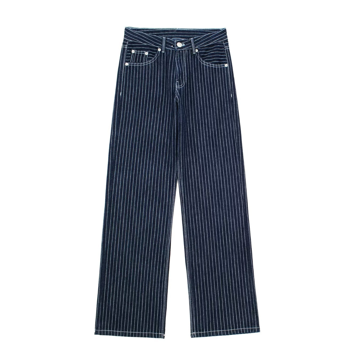 Pinstripe Denim Straight Leg Jeans