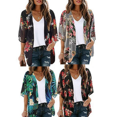 Floral Print Puff Sleeve Kimono Cardigan Loose Cover Up Casual Blouse Tops