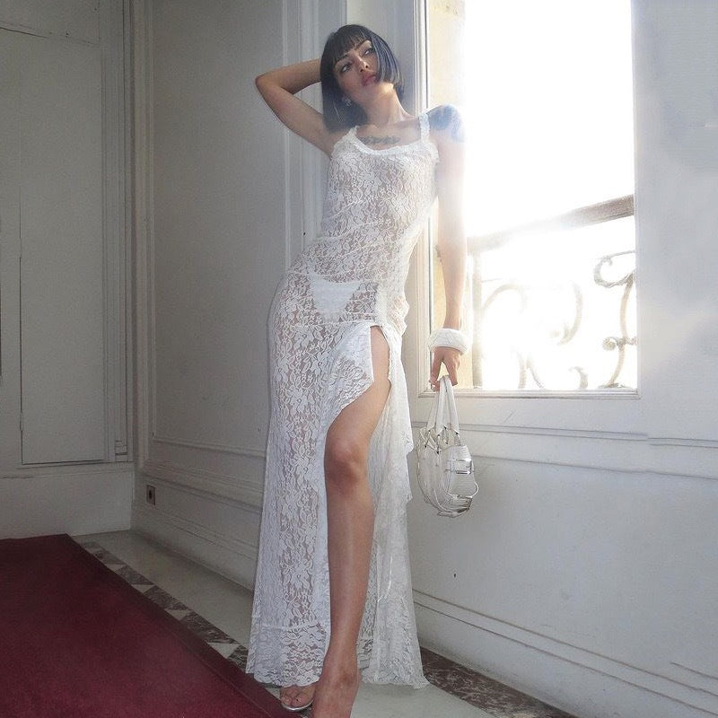Strapless Boat Neck Lace See-Through Pleated Dress
