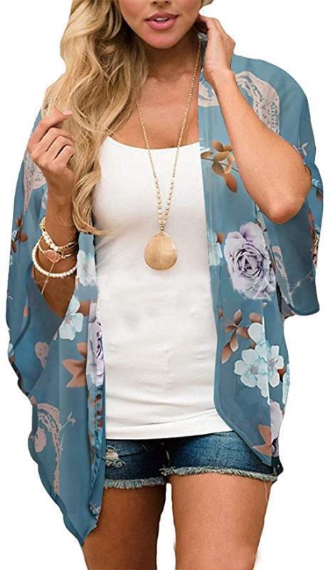 Floral Print Puff Sleeve Kimono Cardigan Loose Cover Up Casual Blouse Tops