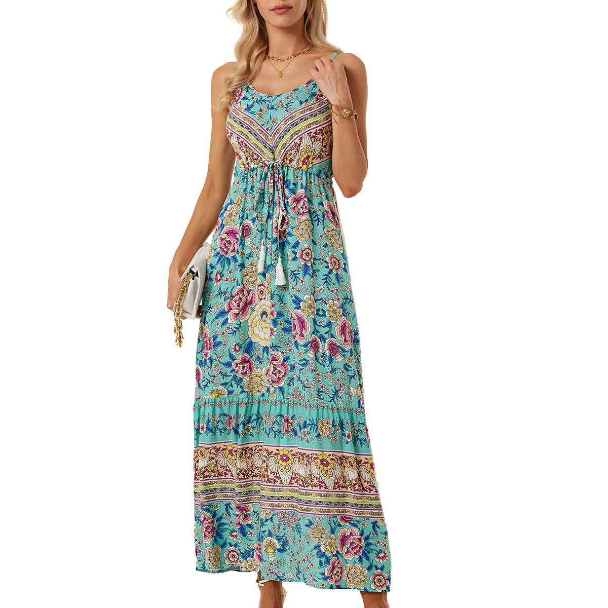 Paisley Open Back Tied Zippered Midi Dress