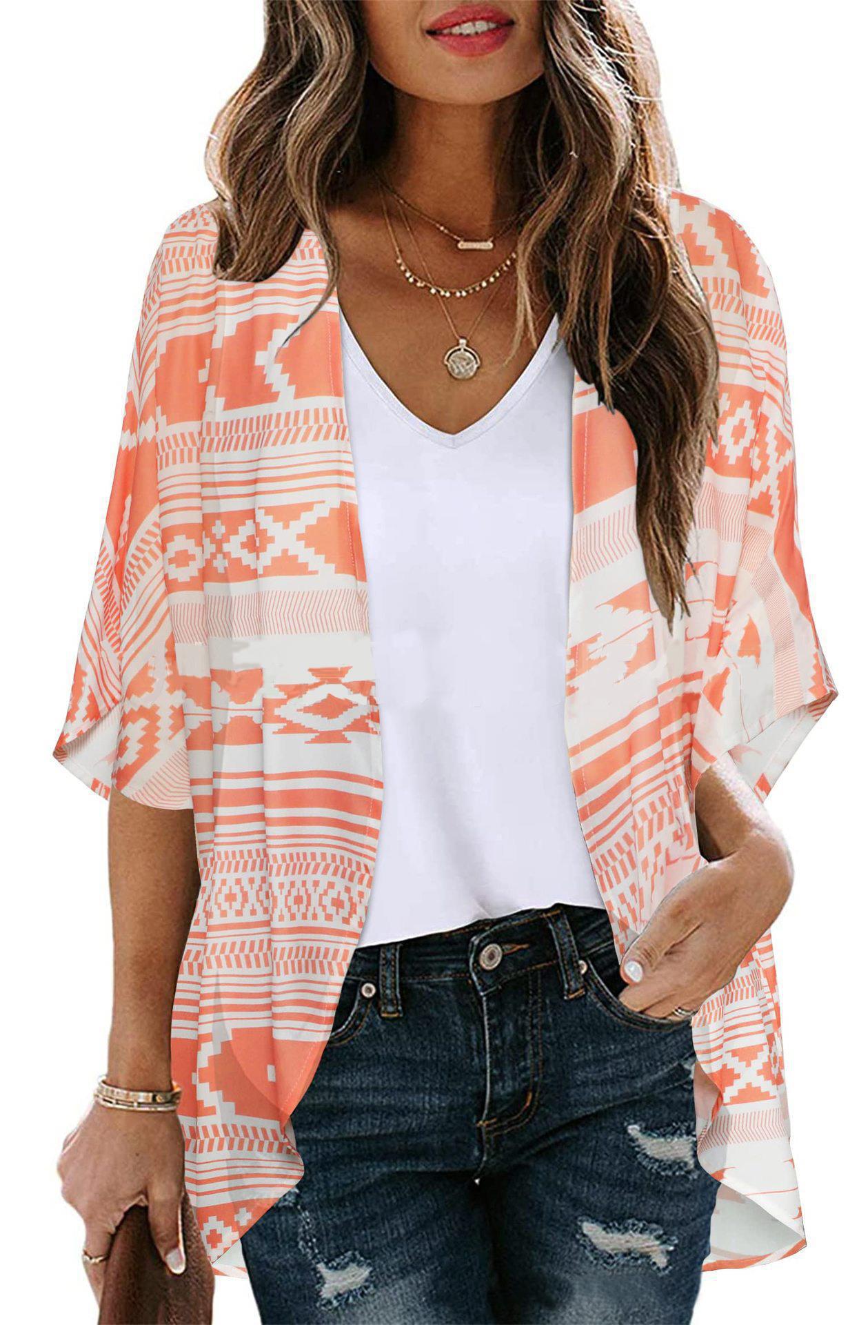 Floral Print Puff Sleeve Kimono Cardigan Loose Cover Up Casual Blouse Tops