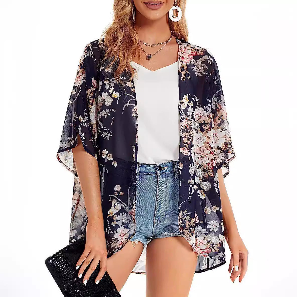 Floral Print Puff Sleeve Kimono Cardigan Loose Cover Up Casual Blouse Tops