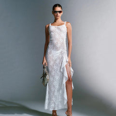 Strapless Boat Neck Lace See-Through Pleated Dress