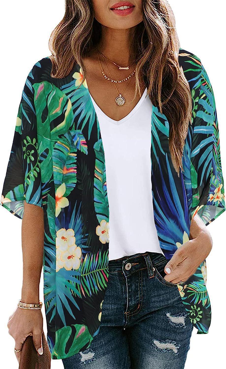 Floral Print Puff Sleeve Kimono Cardigan Loose Cover Up Casual Blouse Tops