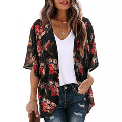 Floral Print Puff Sleeve Kimono Cardigan Loose Cover Up Casual Blouse Tops