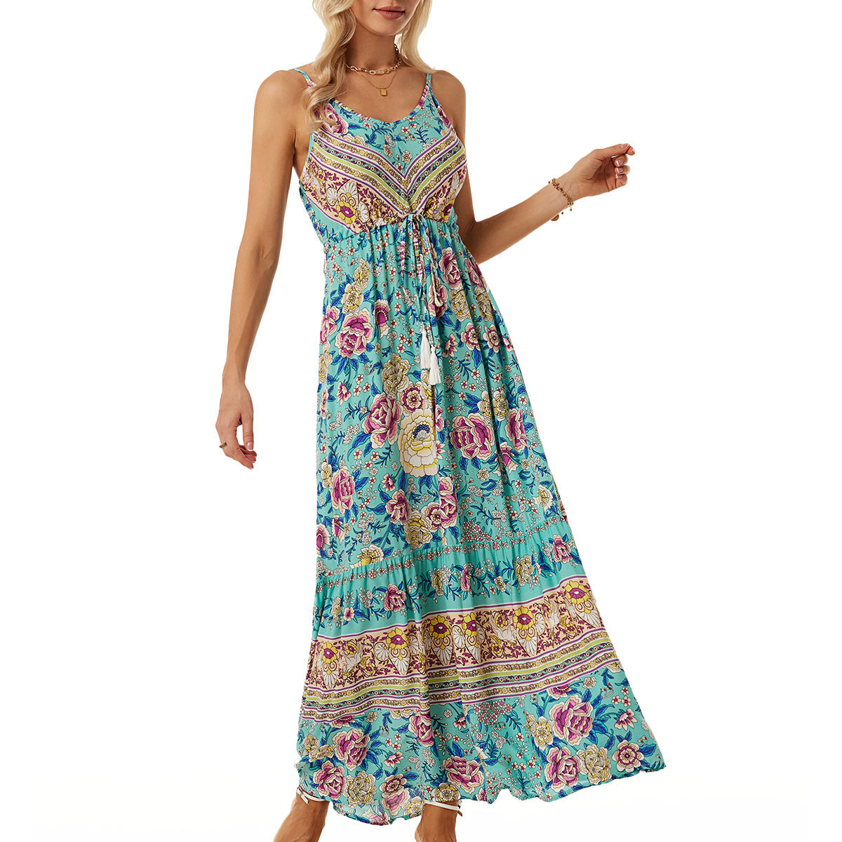 Paisley Open Back Tied Zippered Midi Dress