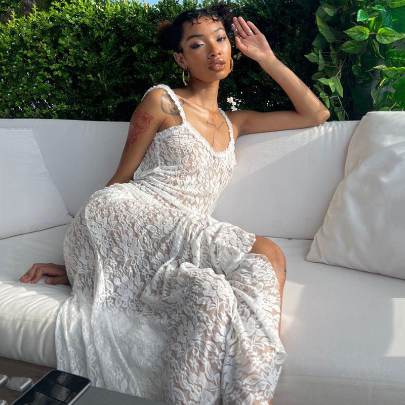 Strapless Boat Neck Lace See-Through Pleated Dress