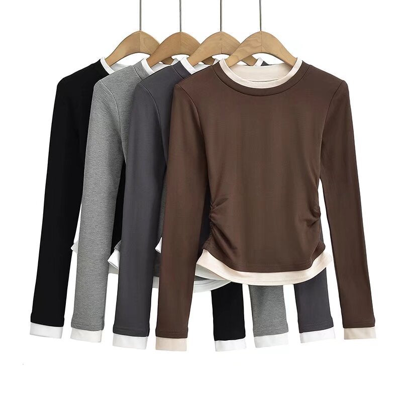 Double Layers Solid Long Sleeve Top