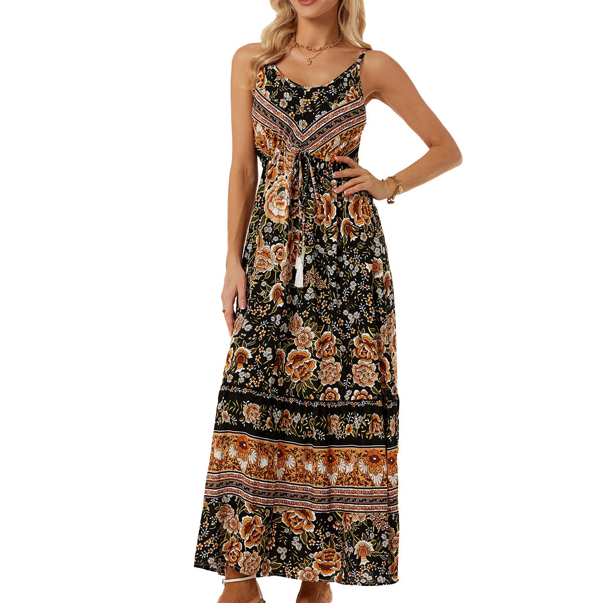 Paisley Open Back Tied Zippered Midi Dress