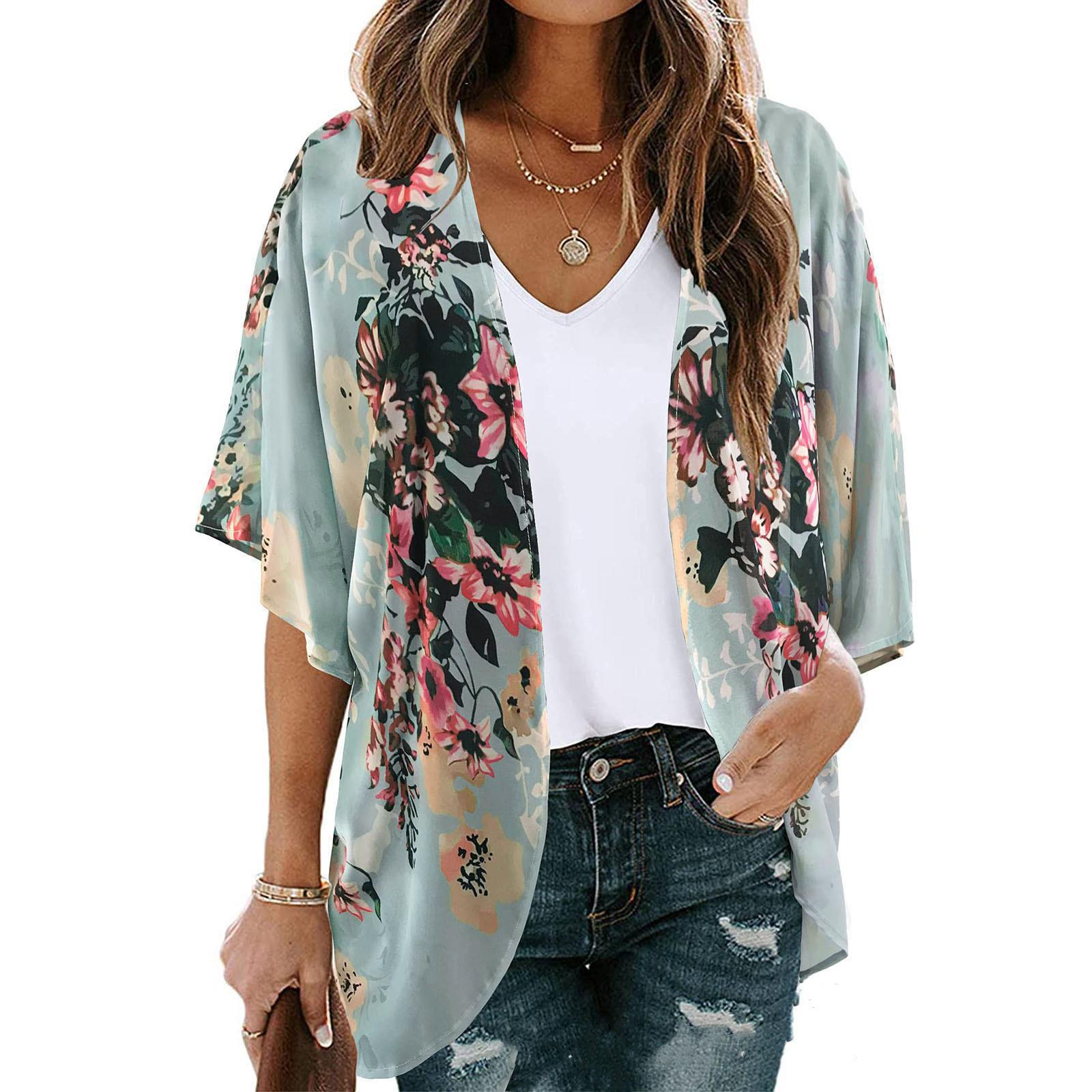 Floral Print Puff Sleeve Kimono Cardigan Loose Cover Up Casual Blouse Tops