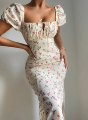 Sweetheart Short Sleeve Floral Midi Dress