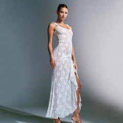 Strapless Boat Neck Lace See-Through Pleated Dress