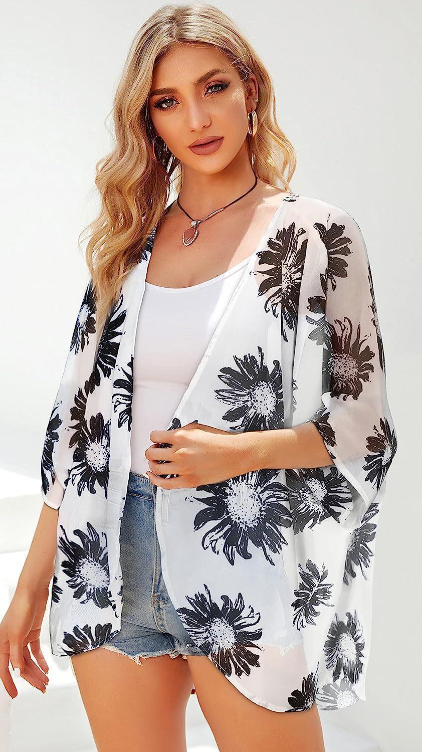 Floral Print Puff Sleeve Kimono Cardigan Loose Cover Up Casual Blouse Tops