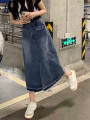 Faded Denim Buttoned Slit Skirt