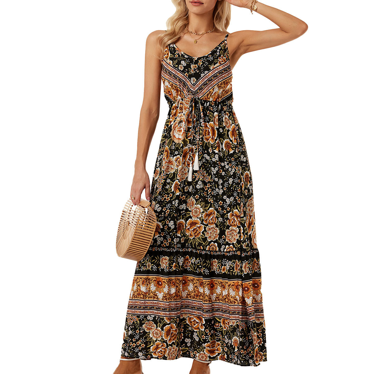 Paisley Open Back Tied Zippered Midi Dress