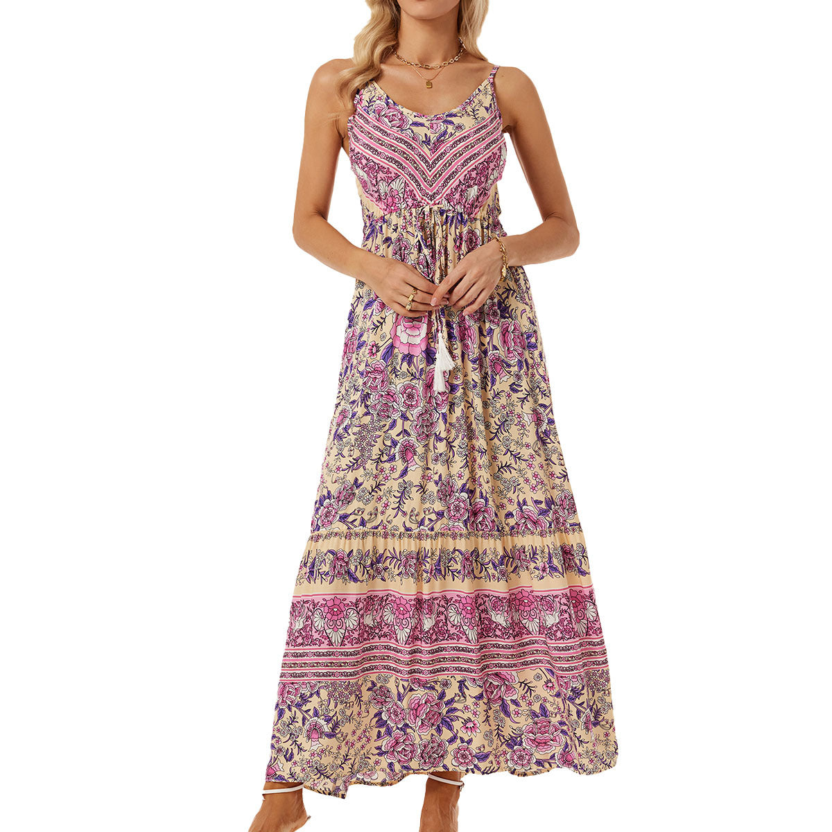 Paisley Open Back Tied Zippered Midi Dress