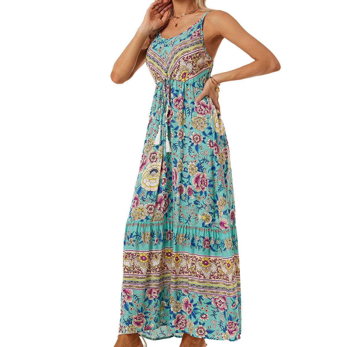 Paisley Open Back Tied Zippered Midi Dress