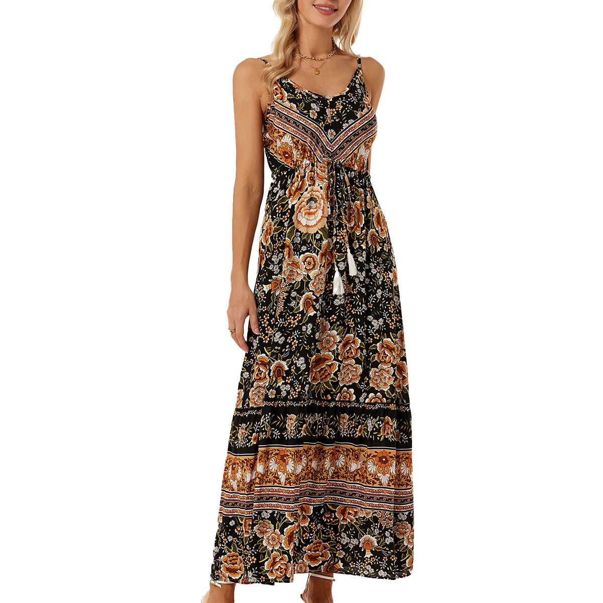 Paisley Open Back Tied Zippered Midi Dress