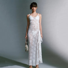 Strapless Boat Neck Lace See-Through Pleated Dress
