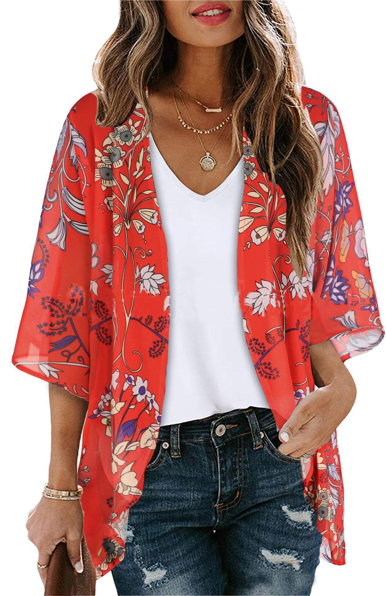 Floral Print Puff Sleeve Kimono Cardigan Loose Cover Up Casual Blouse Tops