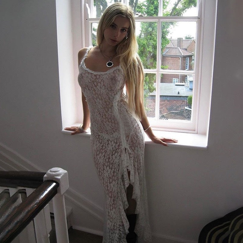 Strapless Boat Neck Lace See-Through Pleated Dress