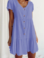 Folded Sleeve Button Belted Short Dress