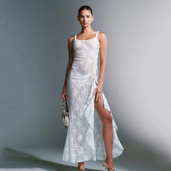Strapless Boat Neck Lace See-Through Pleated Dress