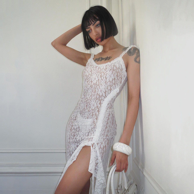 Strapless Boat Neck Lace See-Through Pleated Dress