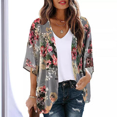 Floral Print Puff Sleeve Kimono Cardigan Loose Cover Up Casual Blouse Tops