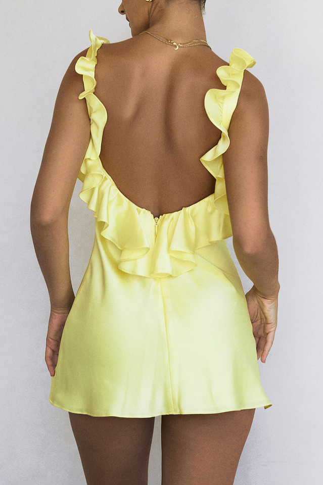 Yellow Silk Satin Ruffle Mini Dress