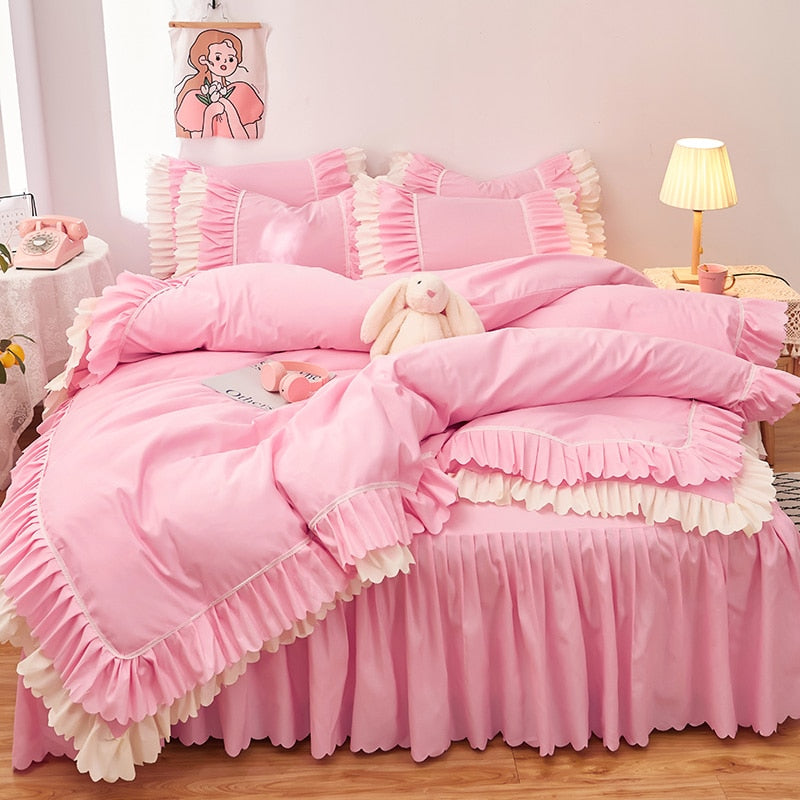 4pcs Couple Bed Quilt Set Sheet Bedsheet Bedspread Queen Size Duvets Cover Linens Comforter Bedding with Pillowcases Luxury Pink