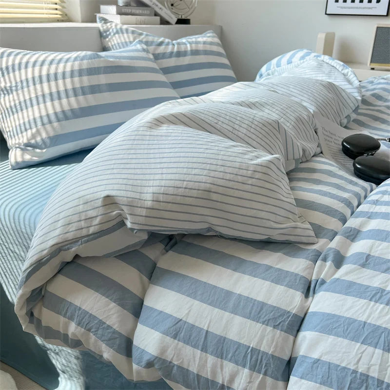 Washed Cotton Double Yarn Crepe Striped Quilt Set 3-4 Pillowcase with Sheet Bedding Cover Supplies 200x230 220x240 Skin Friendly