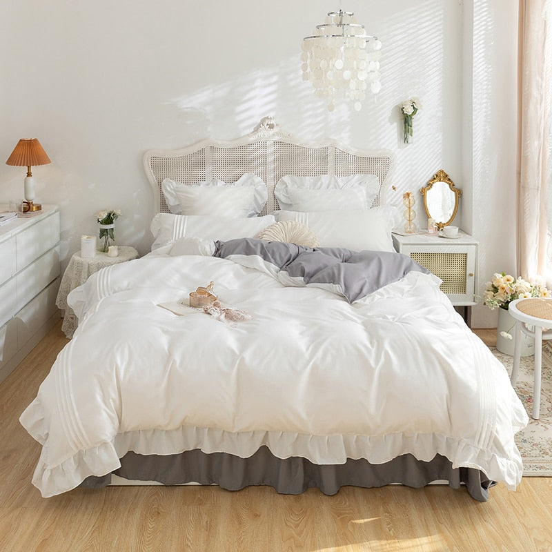 Lace Ruffles Bedding Set White and Gray Color Bedclothes for Boys/Girls Full Size Quilt Cover Sets Queen/King Bed Linen Sets