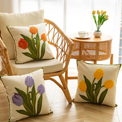Pure Cotton EmbroideryTulip Spring Throw Pillow Covers 18x18 Set of 4 Outdoor Patio Cushion Cases Summer Garden Decorations Home