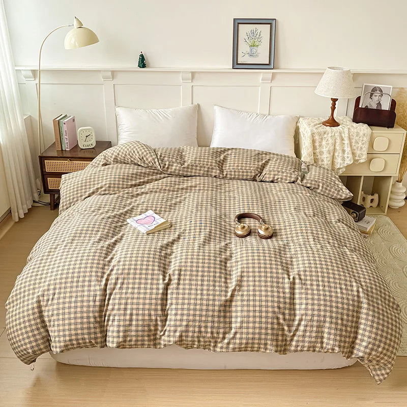 2025 New All-cotton Washed Cotton Single Quilt Set Printed Plaid Duvet Cover 150x200 220x240 Skin Friendly Bedding