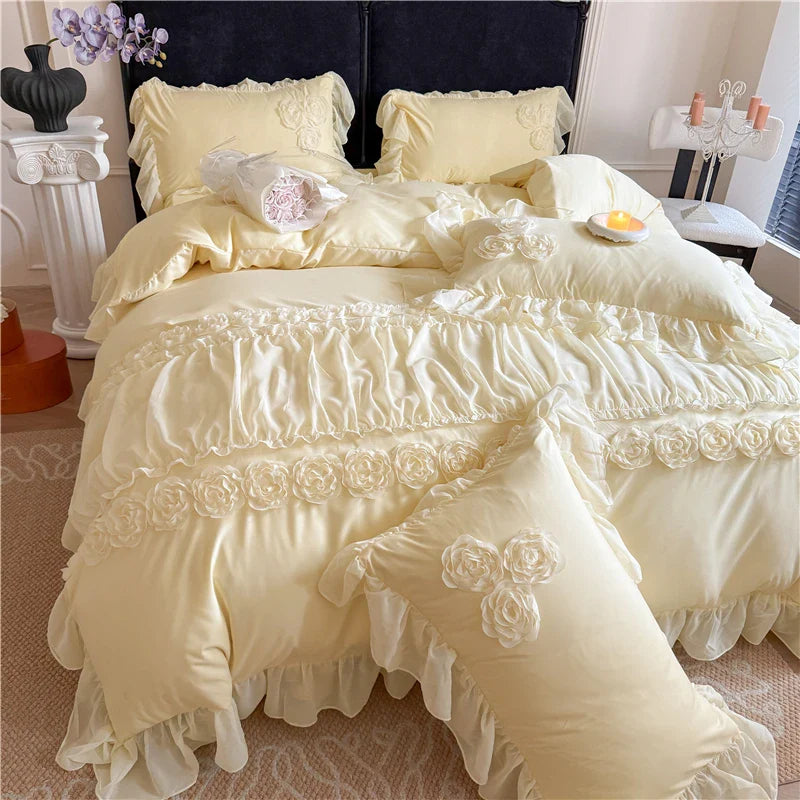 4Pcs Korean Princess Style Flowers Lace Ruffles Bedding Set Queen King Duvet Cover Bed Skirt/Bed Sheet/Fitted Sheet Pillowcase