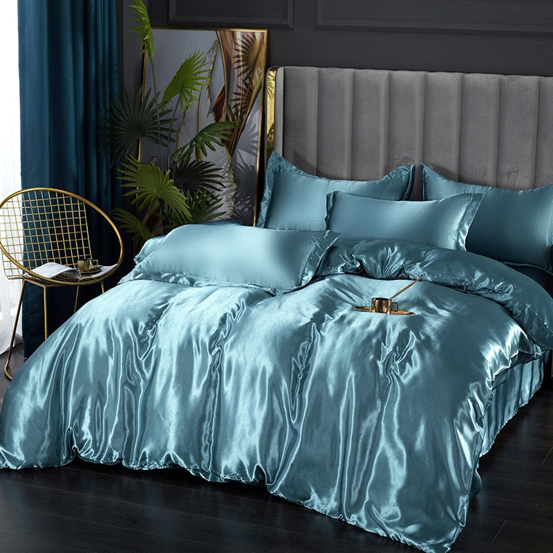 Silk Bedding Set with Duvet Cover Bed Sheet Pillowcase Luxury Satin Bedsheet Solid Color King Queen Full Twin Size