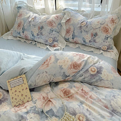 French Romantic Style Bedding Set Princess Skin Friendly And Comfortable Quilt Cover Lace Washed Cotton Printed Duvet  Cover Set