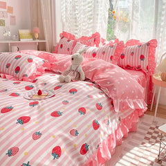 Pink Korean Princess Bedding Set No Filling Cute Strawberry Duvet Cover Checkerboard Single Queen Size Bed Linen Pillowcases