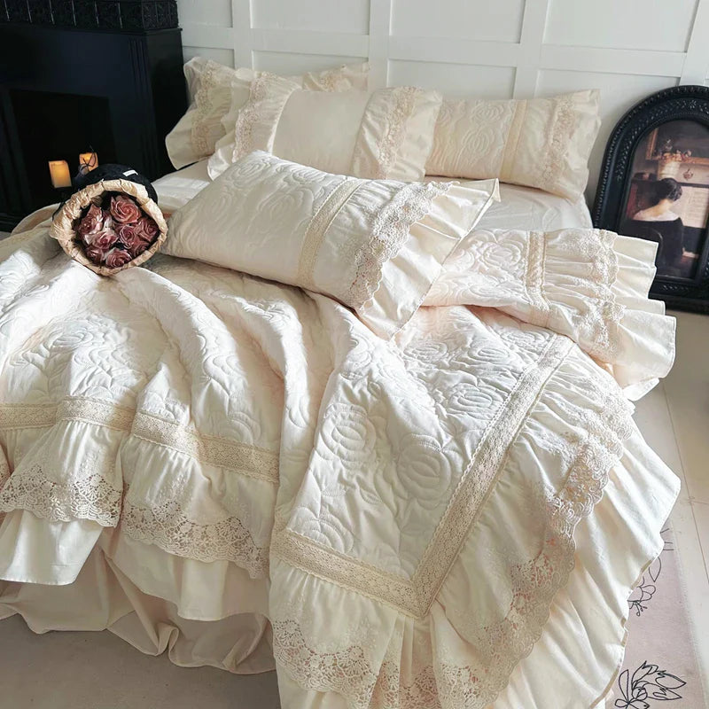 Rose Embossing Quilted Duvet Cover Set Vintage Lace Ruffles Pure Cotton Bedding Set Bed Sheet/Bed Skirt/Fitted Sheet Pillowcases